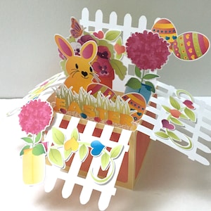 Carte avec boîte contextuelle Lapin de Pâques , Intérieur vierge , Imprimé , Fleurs , ufs , Chocolat , Printemps , Vacances , Enfants , Adultes