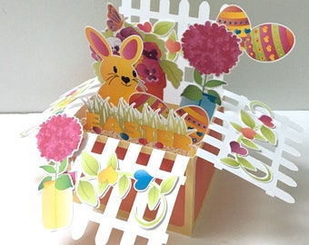 Easter Bunny Pop Up Box Card , Blank inside , Printed , Flowers , Eggs , Chocolate , Spring , Holiday , Kids , Adults