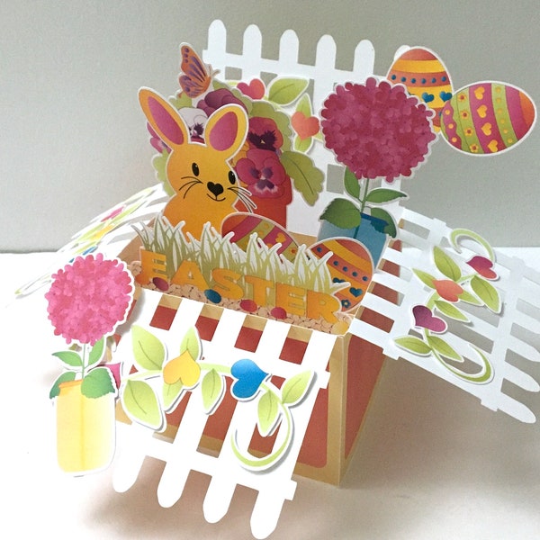 Easter Bunny Pop Up Box Card , Blank inside , Printed , Flowers , Eggs , Chocolate , Spring , Holiday , Kids , Adults