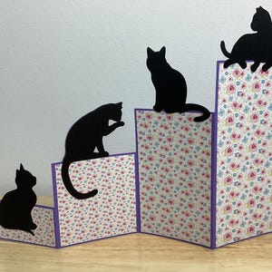 Carte accordéon chat, cartes vierges, fleur, animal de compagnie, minou, chat noir, violet, famille, ami, bonjour, tu me manques