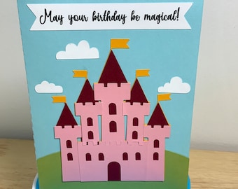 Princess Magical Birthday Card , Castle , Fairytale , Crown , Pink , Little , Kids , Gift , Cute , Fun