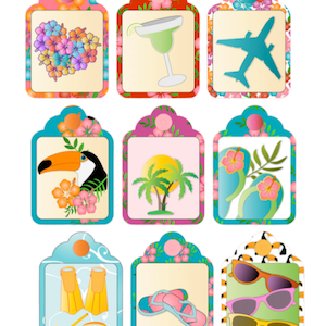 Hawaii Themed Gift Tags , Palm Tree , Plane , Sunglasses , Bird , Tropical , Flowers , Heat , Beach