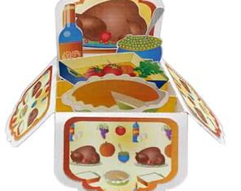 May include: A pop-up card with a Thanksgiving theme. The card is open and shows a 3D image of a turkey, pie, and other Thanksgiving foods. The card is decorated with fall colors and has a festive design.