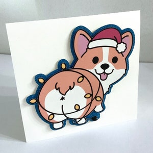 Une carte de Noël joyeux Corgi , Vierge à l'intérieur , Imprimé , Chien , Lumières , Bonnet de noel , Vacances , Mignon , Amusement , Joyeux