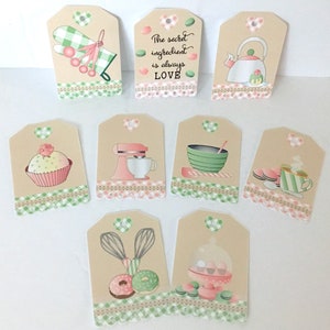Étiquettes de cuisson de cuisine, cupcake, amour, cuisine, vert, rose, mélangeur, beignets, bouilloire, bonbons, étiquettes