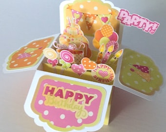 Happy Birthday Pop Up Card , Pink , Green , Balloons , Candles , Cake , Party , Love , Kids , Adults , Family , Friends