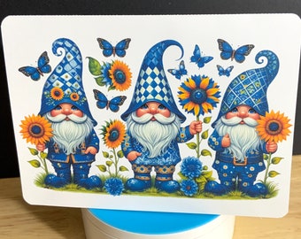 Blue Spring Gnome Card , Blank inside , Printed , Flowers , Nature , Butterflies , Garden , Gift