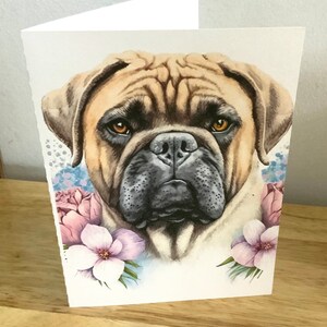 Carlin chien avec fleurs carte , blanc à l’intérieur , imprimé , meilleur ami , amoureux des chiens , bébé en fourrure