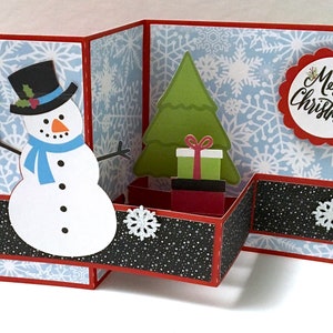 Carte Joyeux Noël Bonhomme de neige , Vierge , Flocons de neige , Étincelle , Paillettes , Arbre , Cadeaux , Vacances , Festif