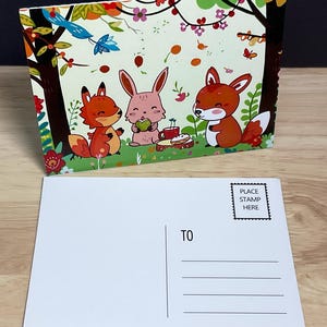 Carte postale de dessin animé ou carte de voeux , Mignonne , Amis , Famille , Automne , Animaux de la forêt , Feuilles