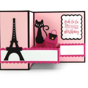 Carte d'anniversaire Tour Eiffel et chaton , Pop up , 3D , Rose , Noir , Porte-monnaie , Chat , Femmes , Adolescents , Paris , PaperCut