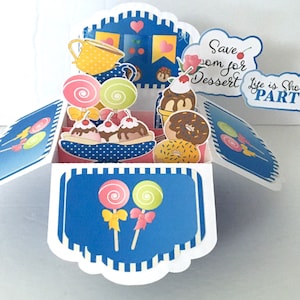 Carte d'anniversaire avec boîte pop-up Gâteries sucrées , Fête , dimanche , Ventouses , Donuts , Banderole , Cerise , Imprimé , Cadeau , Famille , Ami , Enfants