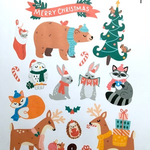 Stickers animaux joyeux Noël , lapin , ours , cerf , canne en bonbon , renard , bas , chouette , Loisirs créatifs , Scrapbooking