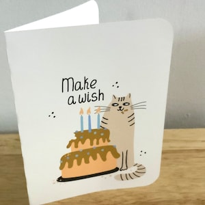 Make A Wish Birthday Cat Card , Vierge à l’intérieur , Imprimé , Bougies , Flamme , Confettis , Manger , Gâteau
