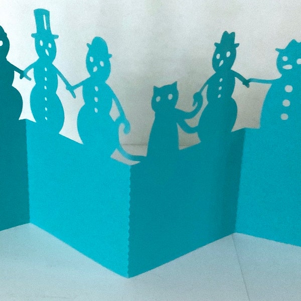Accordion Snowman Christmas Card or Decor item  , Papercut , Hold Hands , Line Up ,, Family , Friends