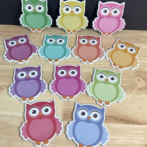 May include: A collection of twelve die-cut owl stickers in various colors including green, yellow, pink, purple, teal, orange, red, and blue. Each owl features large white eyes with black pupils, a small orange beak, and a rounded body shape.