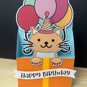 Carte de joyeux anniversaire Kitty Cat, Ballons, Fête, Enfants, Adultes, Chapeau de fête, Meow, Banderole, Orange, Bleu