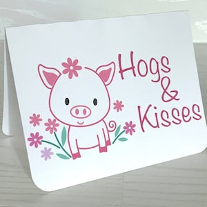 Carte de cochons et de bisous , Imprimée , Vierge à l'intérieur , Cochon , Fleurs , Rose , Famille , Ami , Mignonne , Ferme , Animal