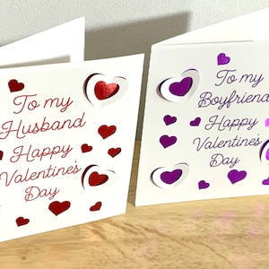 Carte de Saint-Valentin heureuse, mari, petit ami, cœurs, amour, violet, rose, rouge, doux, conjoint, partenaire