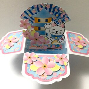Carte imprimée pop-up Japon, chat, porte-bonheur, porte-bonheur, fleur de cerisier, arbre, vie, nature, sushi, éventail, thé, biscuit