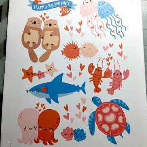 Autocollants Saint Valentin, Poisson, Amour, Loutre, Coeur, Étoile de mer, Coeurs, Requin, Abeille, Enfants, Journal, Planificateur
