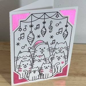 Carte Carolling Cats , Vierge à l'intérieur , Noël , Musique , Meow , Festif , amoureux des animaux domestiques , Vacances , Joyeux