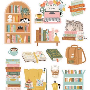 May include: A set of 12 colorful stickers featuring illustrations of books, coffee, cats, and other literary-themed imagery. The stickers include phrases like "The Book Was Better", "Sorry I'm All Booked", and "Cats, Books & Coffee".