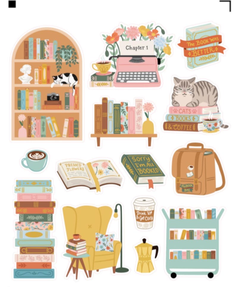 Books and Coffee Stickers , Latte , Tea , Cat , Flowers , Shelf , Read ...