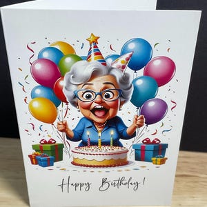 Carte de joyeux anniversaire vieille dame , Ballons , Fête , Cadeaux , Gâteau , Bougies , Plus âgé , Confettis