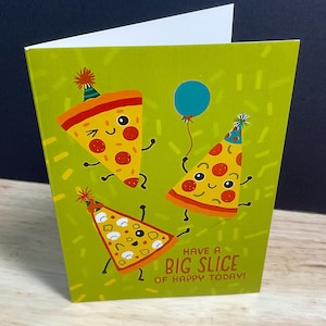 Carte de joyeux anniversaire Pizza , Fête , Ballons , Grande tranche , Confettis , Vert , Enfants , Adultes