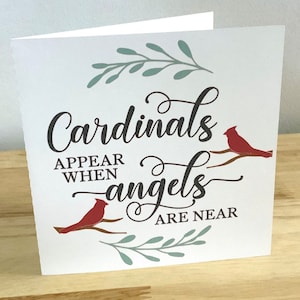 Carte de deuil des cardinaux et des anges , Imprimée , Vierge à l'intérieur , Oiseaux , Hiver , Aimés , Perte , Famille , Amis