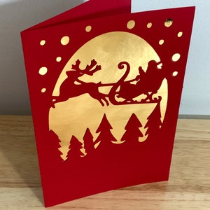 Carte de nuit de Noël , Ciel , HoHoHo , Renne , Traîneau , Neige , Or , Festif , Rouge , Père Noël