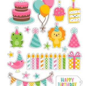 Stickers Joyeux anniversaire , Bougies , Lion , Enfants , Grenouille , Ballons , Gâteau , Étoiles , Cupcake , Chapeau de fête , Oiseau , Bannière , Cadeau