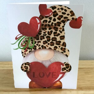 Gnome Love Valentines Day Card , Printed , Blank inside , Heart , Love , Leopard Print , Girl Gnome