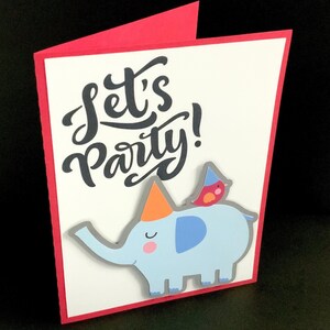 Carte d'anniversaire Let's Party , Vierge à l'intérieur , Éléphant , Oiseau , Garçons , Filles , Amis , Famille , Enfants , Cadeau