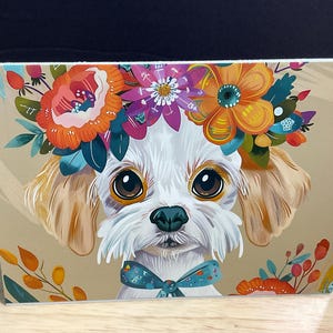 Carte postale pour chien , Fleurs , Couronne , Imprimé , Peinture , Printemps , Été , Mignonne , Doux , Hello , Hi , Just Because