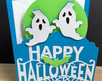 Happy Halloween Card , Ghost , Boo , Bat , Green , Blue , Spider Web , Trick , Treat , Kids , Bright