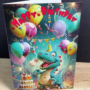 Carte Dino Joyeux anniversaire, Dinosaure, Enfants, Ballons, Gâteau, Feux d'artifice, Banderoles, Banderoles