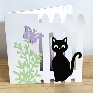 Cat Card , Blank inside , Flowers , Butterfly , Black , Lilac , Grass , Water-colour , Fence , Pet , Animal , Kitten , Family , Friends