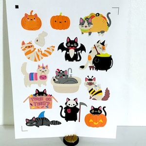 Kawaii Halloween Cat Stickers , Chapeau , Balai , Trick or Treat , Citrouille , Taco , Sorts , Magie