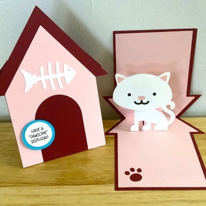Pop Up Cat House Card , Blank inside , Fish Bones , Home , Kids , Kitty , Papercut , 3D , Birthday