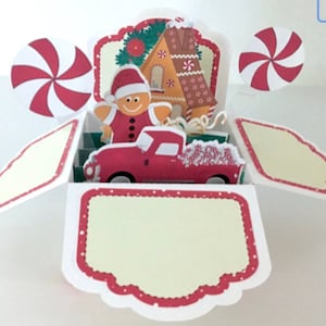 Carte boîte pop up 3D de Noël , bonhomme en pain d'épice , menthe poivrée , camion rouge , vacances , maison , famille , amis