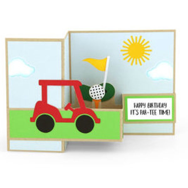 Golf Birthday Card , Pop up , 3D , PaperCut , Balls , Flag , Tee , Cart , Clubs , Hole In One , On The Green , Men , Women