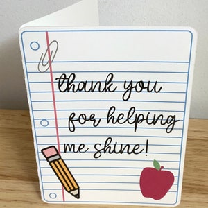 Merci, professeur, carte, page vierge à l'intérieur, imprimé, étudiant, note, trombone, crayon, pomme, écriture cursive