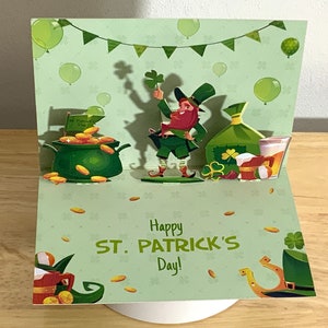 Happy St Patricks Day Pop Up Card , Satin Finish ,  Lucky , Clover , Pot of Gold , Green , Beer , Horseshoe , Leprechaun