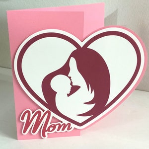 Carte mère et enfant pour la Fête des Mères , Vierge à l'intérieur , Imprimé , Amour , Cœur , Rose , Rouge