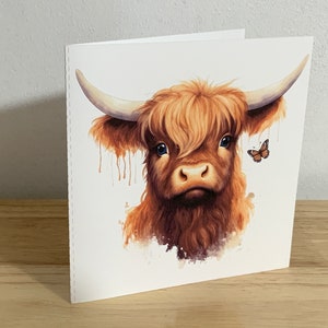 Aquarelle Highland Cow Card , Imprimé , Vierge à l’intérieur , Papillon , Belle , Amitié , Famille , Amour