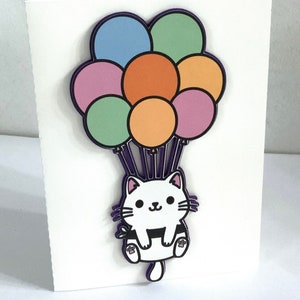 Carte flottante Kitty Cat , Vierge à l'intérieur , Imprimé , Ballons , Joyeux , Anniversaire , Joie , Coloré , Enthousiaste