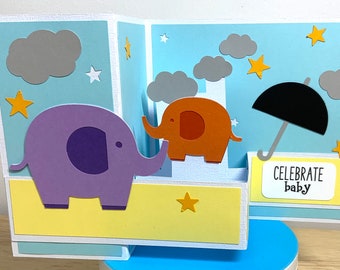 Baby Shower Elephant Pop Up Card , Boy , Girl , Stars , Animals , Clouds , Baby , Celebration
