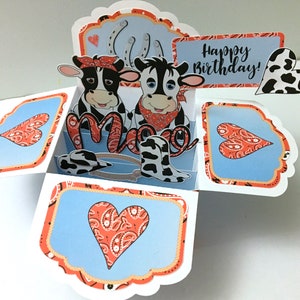 Carte pop-up de joyeux anniversaire vache, vierge à l'intérieur, 3D, cœurs, conjoint, ferme, vie, cow-boy, étoile, meuh